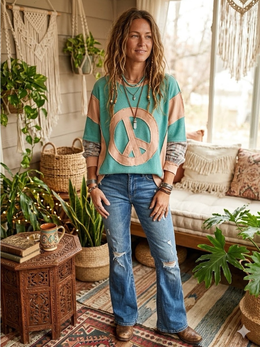 Easel Peace Patched Mineral Washed Thermal Knit Pullover